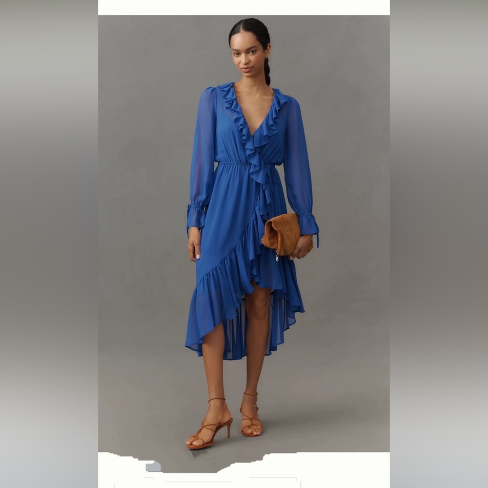 By Anthropologie Long-Sleeve Ruffled Asymmetric Midi Dress